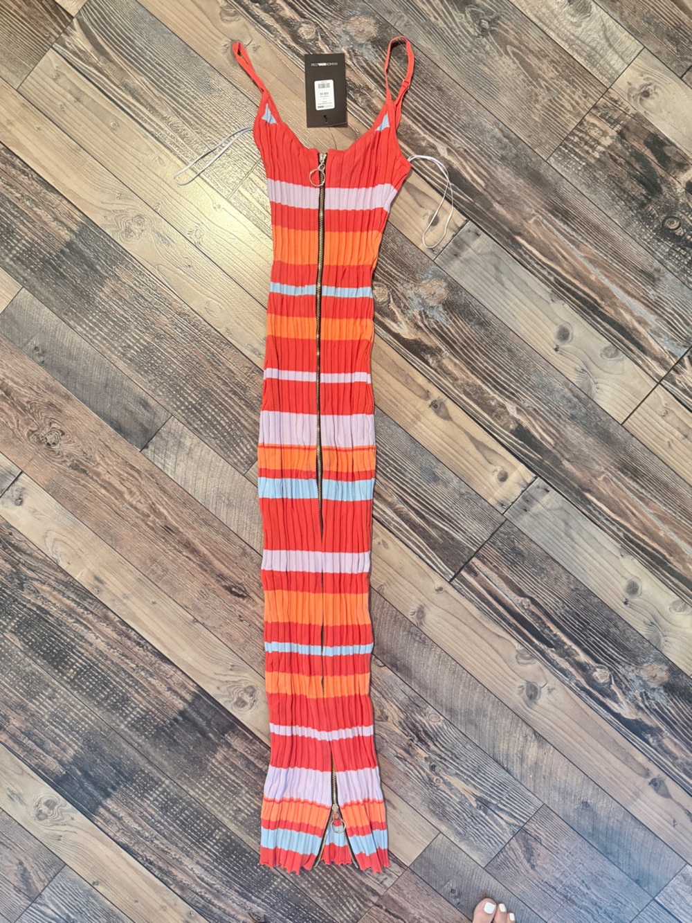 Fashion Nova 
Striped Ribbed Maxi Zippered Dress in Red, Orange & Pink size XS